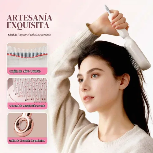 Vista 4 de Cepillo de pelo autolimpiante, cepillo retráctil con cerdas de masaje, peine antiestático fácil de limpiar para todo tipo de cabello, cepillo de Rosa