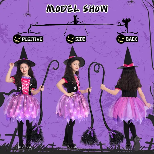 Vista 6 de Poshetion Halloween Witch Costume for Girls Light Up Toddler Witch Dress with Hat and Broom for Halloween Role-Play Party