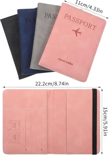 Vista 2 de Juego de 4 fundas para pasaporte, de cuero, con ranura para tarjeta de vacunación, funda para pasaporte, protector de poliuretano para documentos