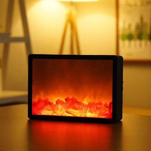 Vista 6 de Farol de chimenea pequeño y acogedor tradicional realista con efecto de llama de leña, luz LED, estilo carbón, lámpara de mesa