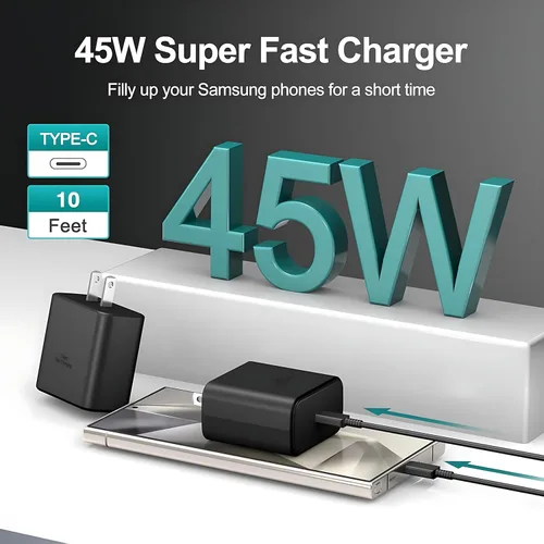 Vista 3 de Samsung - Cargador de teléfono súper rápido compatible con cargador rápido USB C de 45 W, cable de carga rápida de 10 pies tipo C para Samsung