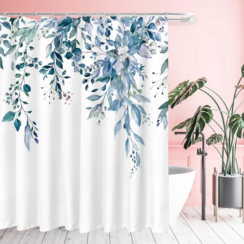 Vista 103 de Tititex - Juego de cortinas de ducha de eucalipto negro, hojas de acuarela gris en la parte superior, con decoración floral de baño, 60 x 72