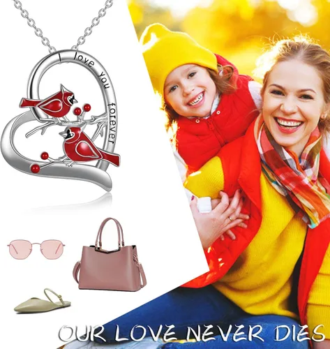 Vista 6 de POPLYKE Collar con medallón de cardenal urna, regalos para mujer, plata de ley, colgante de cardenal rojo, joyería para niñas y esposas, Metal