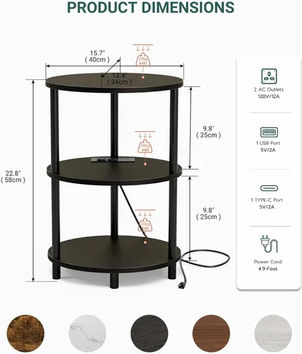 Vista 2 de Mesa auxiliar redonda pequeña, mesa decorativa ovalada de 3 niveles para espacios pequeños, mesita de noche de madera rústica y metal para sala