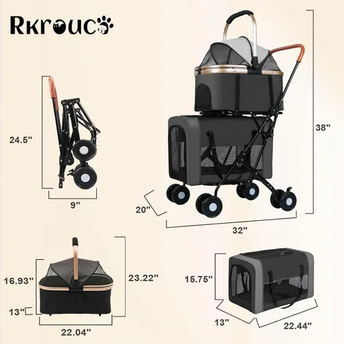 Vista 3 de Cochecito plegable doble para mascotas para perros, cochecitos portátiles para gatos para mascotas pequeñas y medianas con transportadores Negro