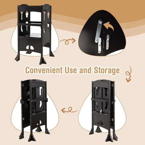 Vista 5 de HONEY JOY Taburete de cocina para niños pequeños, torre de pie de madera con barandilla de seguridad, taburete de aprendizaje plegable Montessori