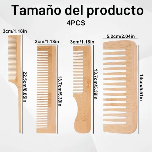 Vista 2 de Juego de 4 peines de madera para el cabello, peine de dientes anchos de madera, hecho a mano, de bambú, antiestático, para cabello rizado, grueso