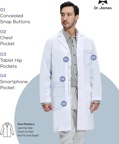 Vista 2 de Dr. James Abrigo de laboratorio unisex 100% algodón, abrigo médico blanco, ajuste clásico, 2 bolsillos en la cadera y 1 bolsillo en el pecho