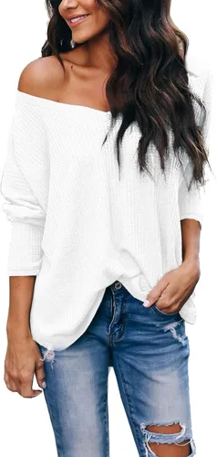 Vista 7 de iGenjun - Suéter casual con cuello en V, hombros descubiertos, mangas de murciélago, sin botones, para mujer Azul