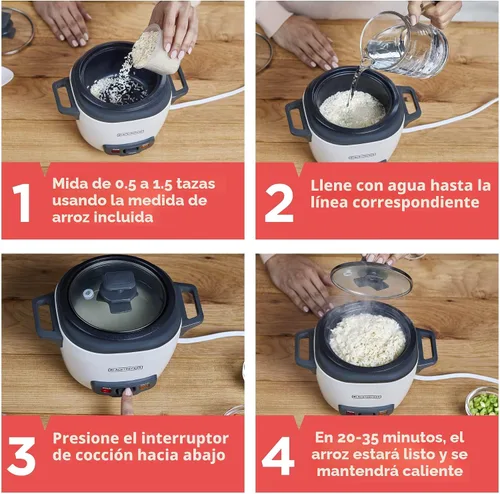 Vista 5 de BLACK+DECKER Olla arrocera de 3 tazas, RC503, 1.5 tazas de arroz crudo, cesta de cocción al vapor, recipiente antiadherente extraíble, un toque