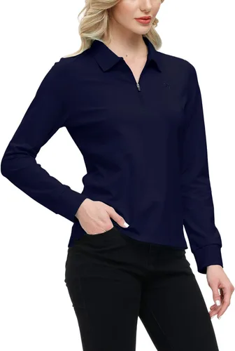 Vista 29 de JINSHI Polo de golf para mujer, de manga larga, con cremallera, deportiva, de secado rápido, atlética, casual, ajustada