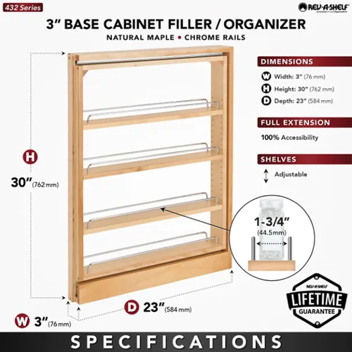 Vista 3 de Rev-A-Shelf 432-BF-3C Base extraíble con estantes ajustables de 3 pulgadas, natural