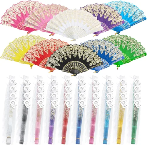 Vista 9 de EOSAU Abanicos plegables chinos de mano para mujeres, plegables a granel para fiestas, bodas, iglesias, bailes (10 colores mezclados)