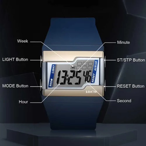 Vista 5 de Reloj de pulsera digital resistente al agua de 10 ATM para nadar y bucear con múltiples funciones de cronómetro de regazo, reloj despertador