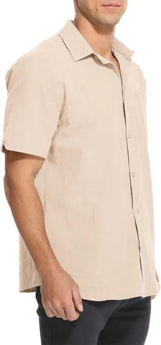 Vista 4 de TUREFACE Camisa casual con botones para hombre, camisas de vestir de algodón de manga corta