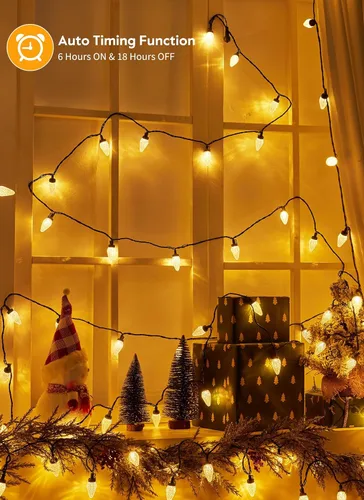 Vista 4 de Luces de Navidad C9 para exteriores, 114 pies, 150 luces LED C9 con temporizador y 8 modos de luz, luces impermeables de grado comercial conectables