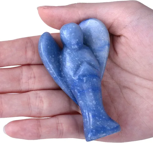 Vista 3 de TUMBEELLUWA Figura de ángel guardián de cristal tallado de 3 pulgadas, estatua de piedra de bolsillo de palma de ángel de la paz curativa, Azul