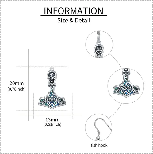 Vista 8 de Thor Hammer Collararetes de plata de ley Mjolnir árbol de la vida colgantearetes colgantes nórdicos vikingos joyas regalos para mujeres y hombres