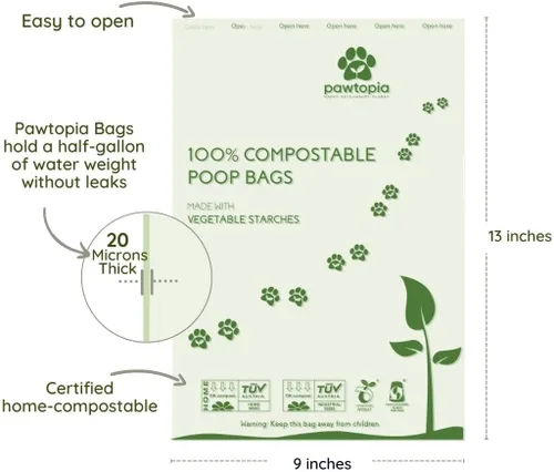 Vista 3 de Pawtopia Bolsas biodegradables para excrementos de perro, 60 unidades, compostables para el hogar, a prueba de fugas, fáciles de abrir