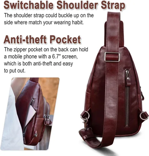 Vista 5 de Bolso bandolera de cuero genuino para hombres y mujeres, bolso de hombro cruzado, mochila de pecho, bolso de mano casual