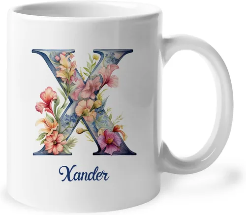 Vista 15 de Taza de café personalizada de la letra A del alfabeto, Taza de café blanca con nombre personalizado único, Taza inicial de monograma floral