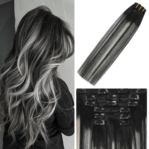 Vista 25 de WindTouch - Extensiones de cabello humano liso con pinzas, color negro azabache, 2.47 onzas, N.° 1, 12 pulgadas, 7