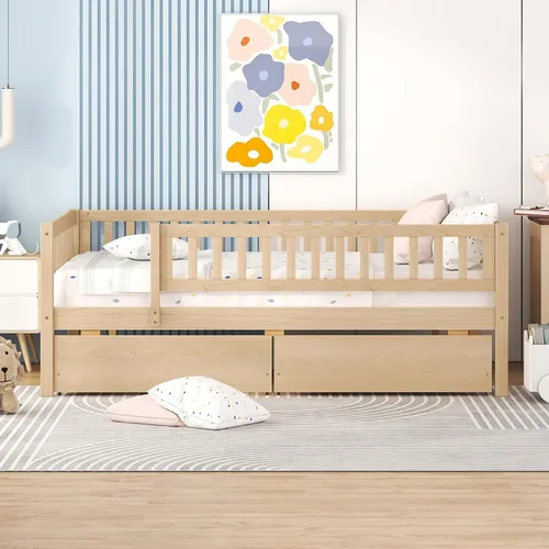 Vista 19 de Harper & Bright Designs Base de cama para niños de tamaño matrimonial con 2 cajones, sofá cama matrimonial de madera con valla, marco de cama