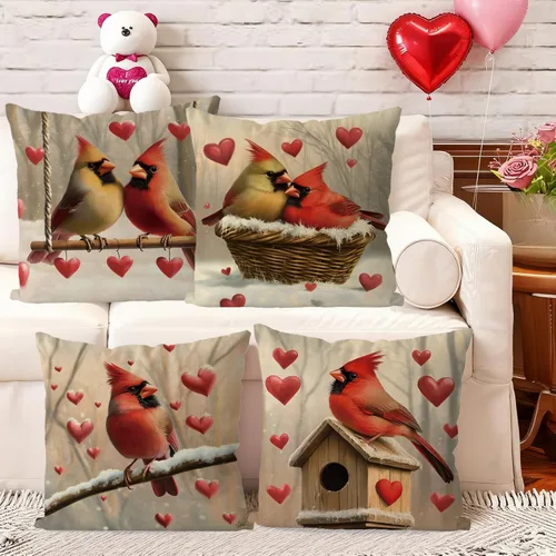 Vista 6 de Juego de 4 fundas de almohada para el día de San Valentín de 18 x 18 pulgadas, juego de 4 fundas de almohada cardenales, decoración de casa