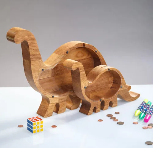 Vista 7 de Alcancía de dinosaurio para niños y niñas, caja de ahorro de dinero duradera y práctica, madera de roble natural con idea de plexiglás transparente
