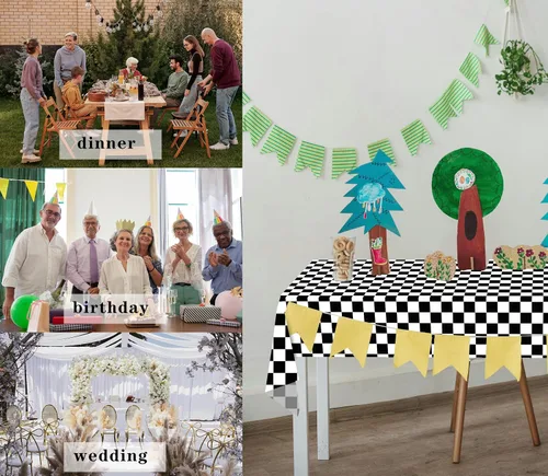 Vista 5 de 3 manteles de plástico a cuadros en blanco y negro para decoración de fiesta de cumpleaños, tablero de ajedrez, manteles desechables para mesas
