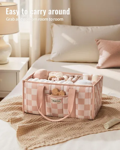 Vista 4 de Blissful Diary Organizador de pañales a cuadros, elegante cesta de almacenamiento para guardería, regalo para baby shower, artículos esenciales