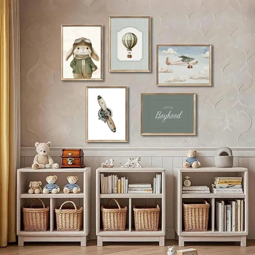 Vista 2 de ONEOLTN Arte de Pared en Lienzo Vintage de Conejito Piloto para Guardería Imágenes Temáticas de Aventura Habitación de Bebé Niño Póster de Avión