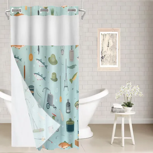 Vista 28 de Batmerry Maritime Nautical Hookless Shower Curtain with Snap in Liner Set, Anchors Ship Wheel Bath Curtain Magnetic Hem Quick-Drying Waterproof