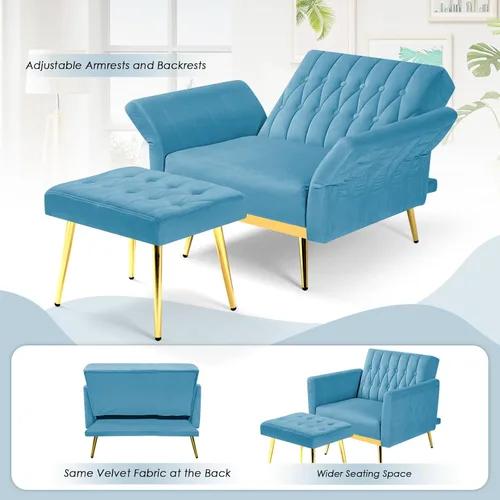 Vista 5 de Silla decorativa de terciopelo con respaldo y reposabrazos ajustables, sillón reclinable individual con otomana y patas mentales doradas para sala