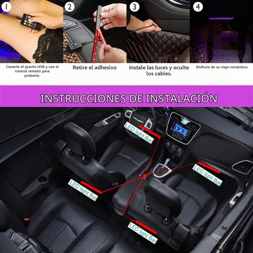 Vista 5 de Tira de luces LED para automóvil, 4 unidades de 48 luces LED USB para interiores, tira de luces multicolor de música para automóvil, kit