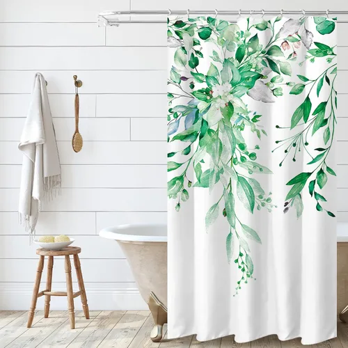 Vista 98 de Tititex - Juego de cortinas de ducha de eucalipto negro, hojas de acuarela gris en la parte superior, con decoración floral de baño, 60 x 72