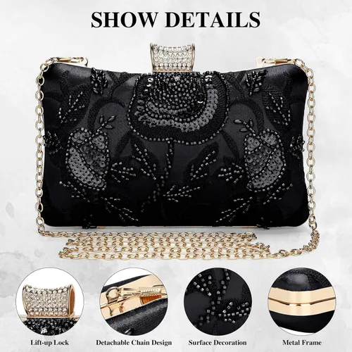 Vista 5 de Bolso de mano de novia vintage para mujer, con cuentas, estilo Gatsby, con cadena