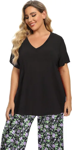 Vista 2 de Vozanet Pijama sexy con cuello en V para mujer, estilo mexicano, floral, 2 piezas, tótem, casual, nocturno, talla grande M a 5XL