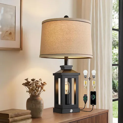 Vista 21 de G-SAFAVA Juego de 2 lámparas de mesa de 23.75 pulgadas para sala de estar, dormitorio, lámparas táctiles de metal industriales con puertos USB A+C