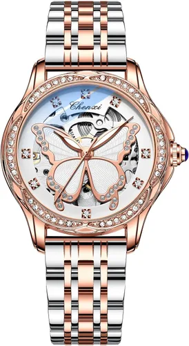 Vista 11 de MASTOP Relojes de mujer de zafiro automáticos Steampunk de cuerda automática mecánicos con pulsera de oro, reloj de esqueleto para mujer con correa