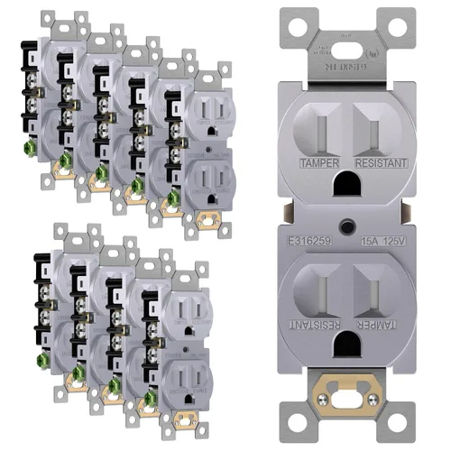 Vista 45 de ENERLITES Receptáculo dúplex, tomas de pared eléctricas resistentes a manipulaciones, grado comercial, 15A 125V, autoconectado, 2 polos, 3 cables