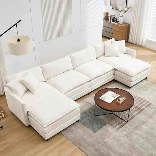 Vista 12 de Sofá modular modular de pana de 108.27 pulgadas, moderno juego de sofá para sala de estar con 3 asientos, 1 otomana y 3 almohadas, cómodos sofás