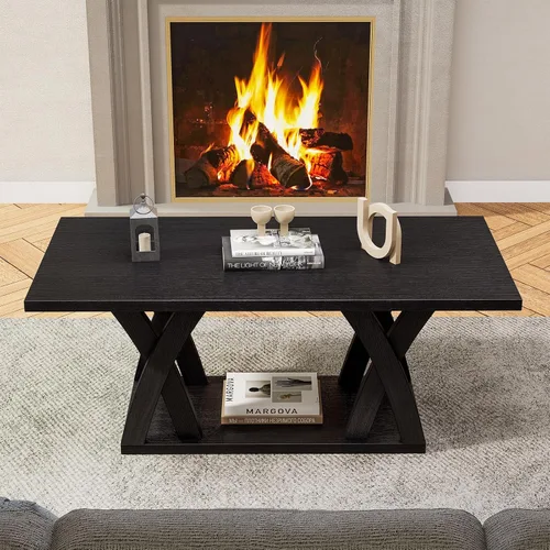 Vista 3 de FROMJBEST - Mesa de café de estilo rústico con estante, mesa de café moderna, mesa de café negra para sala de estar, mesas de sala de estar, 47" Gris