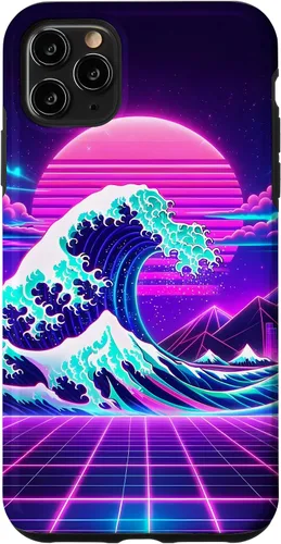 Vista 11 de iPhone 15 Futuristic Cyberpunk Vaporwave Synthwave Great Wave Hokusai Case