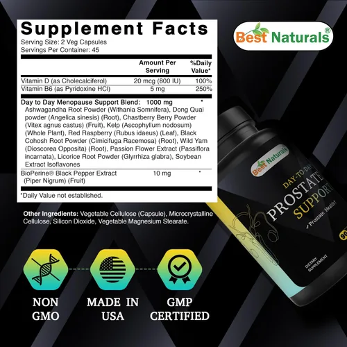 Vista 2 de Best Naturals Suplementos diarios de apoyo para la próstata 90 cápsulas vegetales, hechas con palma enana, té verde, calabaza, ortiga, pigeo