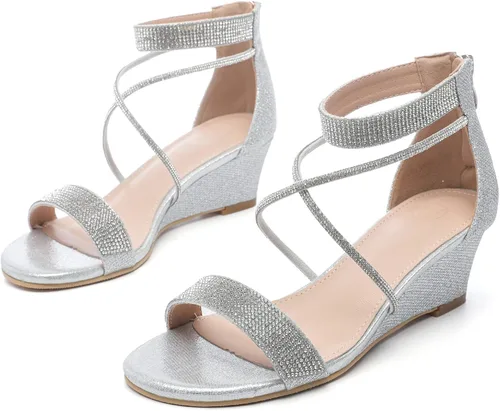 Vista 7 de DADAWEN Sandalias de cuña baja con diamantes de imitación y punta abierta para mujer, con correa en el tobillo, zapatos de tacón para fiesta o boda