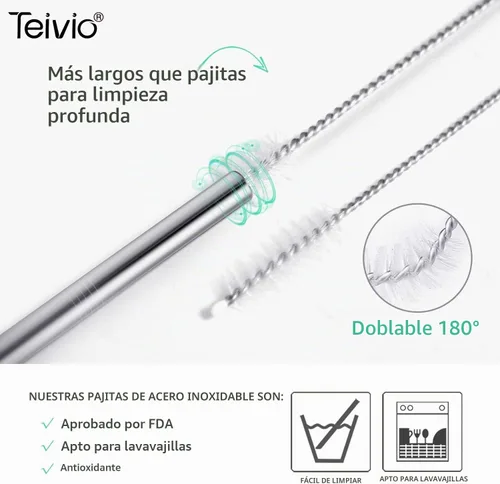 Vista 5 de Teivio 8 popotes de acero inoxidable de 5/16 pulgadas de ancho para vaso de 40 onzas con asa, popotes de metal reutilizables de 12 pulgadas