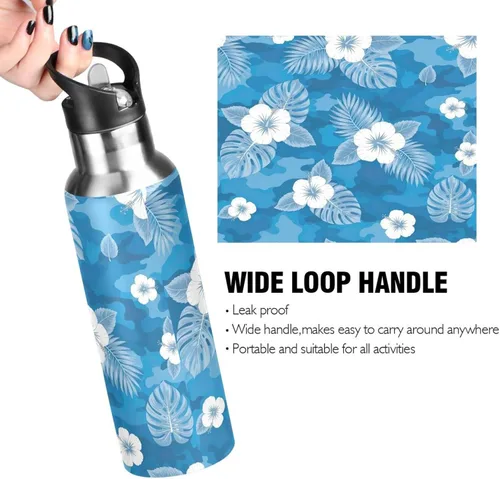 Vista 4 de Stainless Steel Vacuum Insulated Water Bottle 20 Oz, Leakproof Water Bottles for Gym Outdoor Travel School, Flowers Tropical Leaves Blue