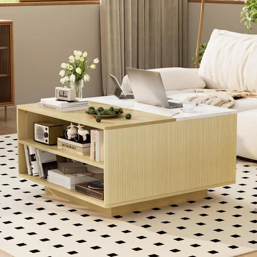 Vista 8 de Mesa de centro elevable con almacenamiento, mesa cuadrada central de madera natural estriada con almacenamiento abierto, mesa central para sala