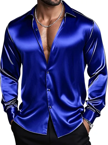 Vista 7 de Barry.Wang Camisas de discoteca de los años 70 para hombre, camisas beige B